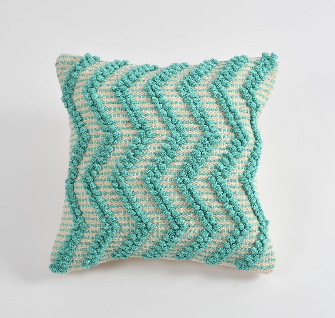 Hand Woven Cushion Covers 16x16 Ivory Turquoise Chevron Tassel Cotton Pit Loom - Set of 3
