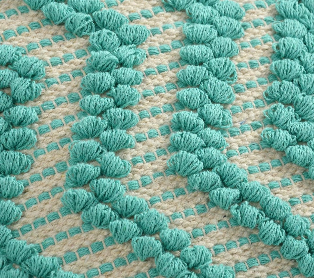 Hand Woven Cushion Covers 16x16 Ivory Turquoise Chevron Tassel Cotton Pit Loom - Set of 3