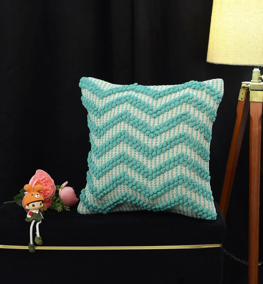 Hand Woven Cushion Covers 16x16 Ivory Turquoise Chevron Tassel Cotton Pit Loom - Set of 3