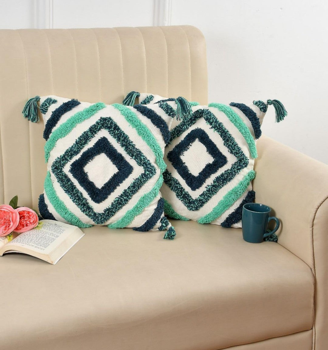 Tufted Cushion Covers 16x16 Ivory Green Diamond Moroccan Geometric Cotton with Corner Tassels - Set of 3