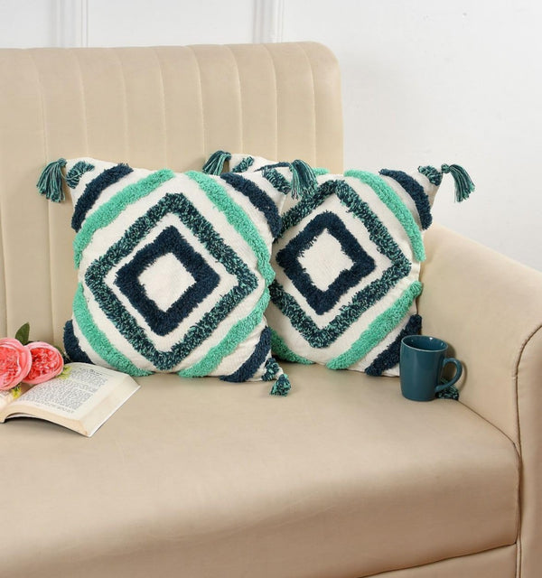 Tufted Cushion Covers 16x16 Ivory Green Diamond Moroccan Geometric Cotton with Corner Tassels - Set of 3