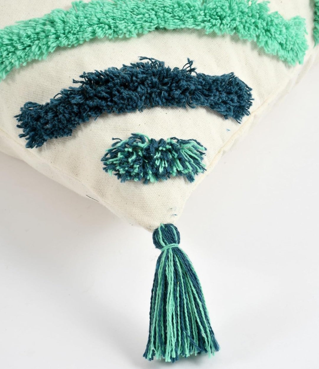 Tufted Cushion Covers 16x16 Ivory Green Diamond Moroccan Geometric Cotton with Corner Tassels - Set of 3