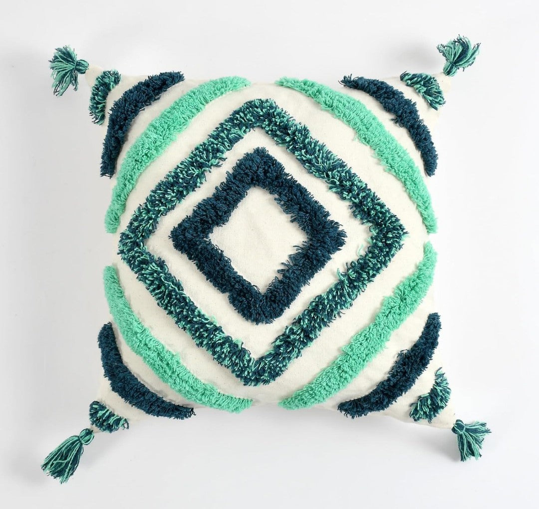 Tufted Cushion Covers 16x16 Ivory Green Diamond Moroccan Geometric Cotton with Corner Tassels - Set of 3