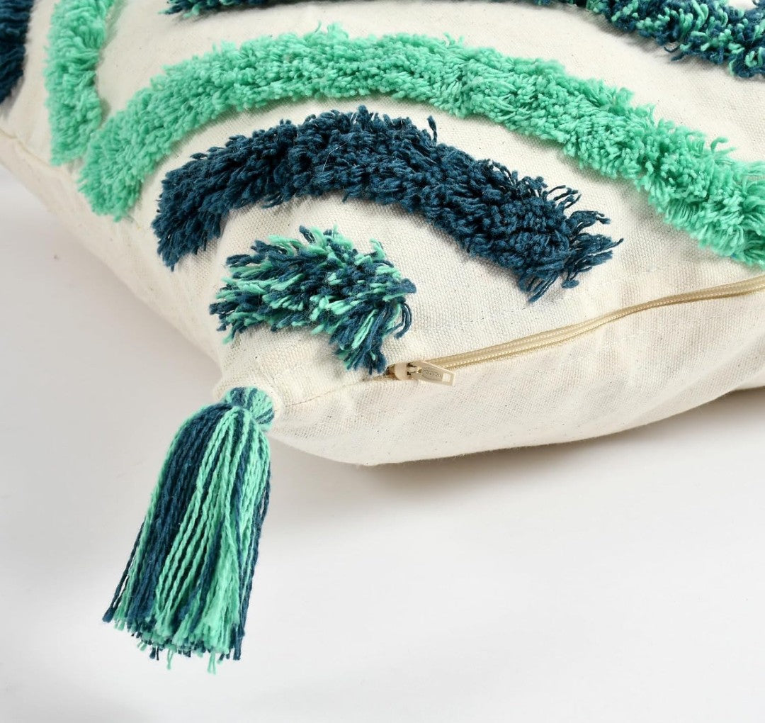 Tufted Cushion Covers 16x16 Ivory Green Diamond Moroccan Geometric Cotton with Corner Tassels - Set of 3