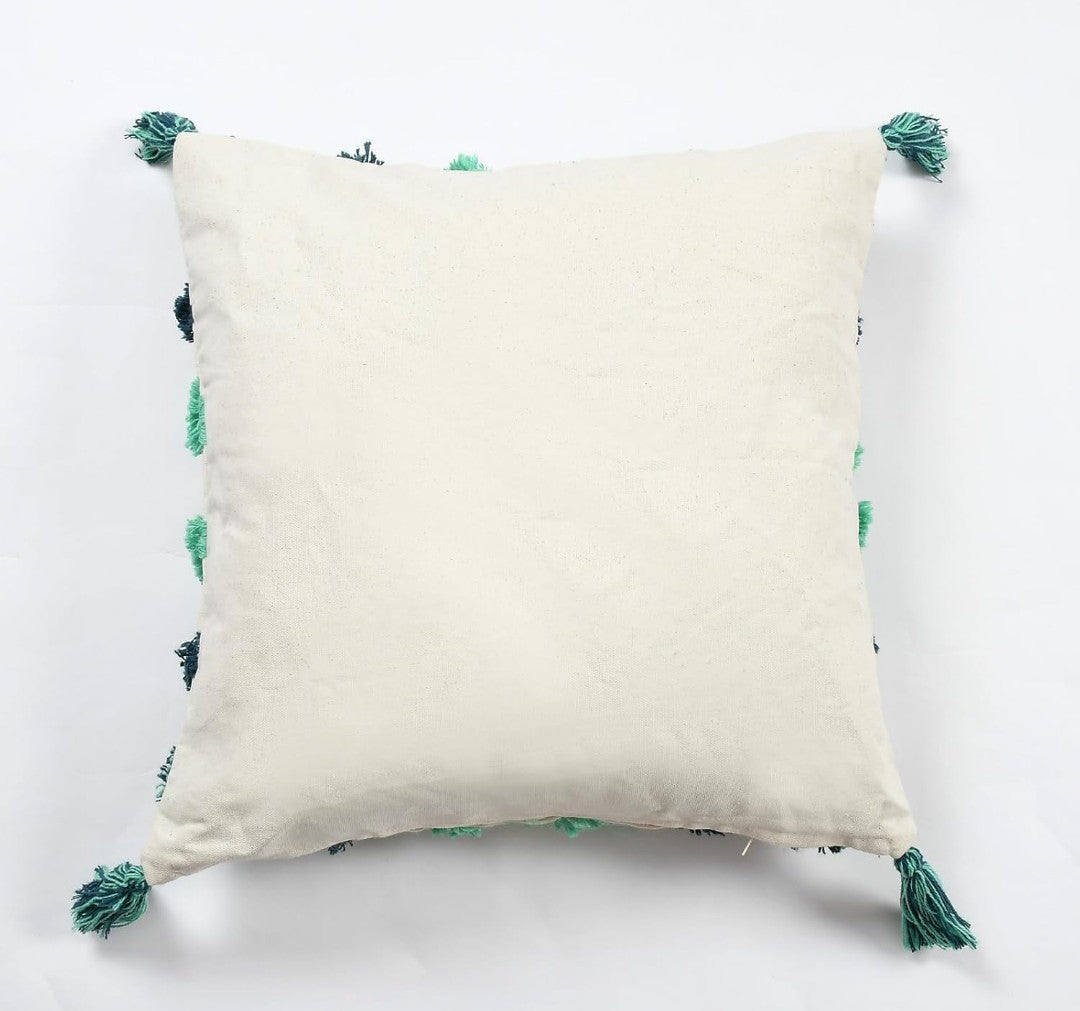 Tufted Cushion Covers 16x16 Ivory Green Diamond Moroccan Geometric Cotton with Corner Tassels - Set of 3