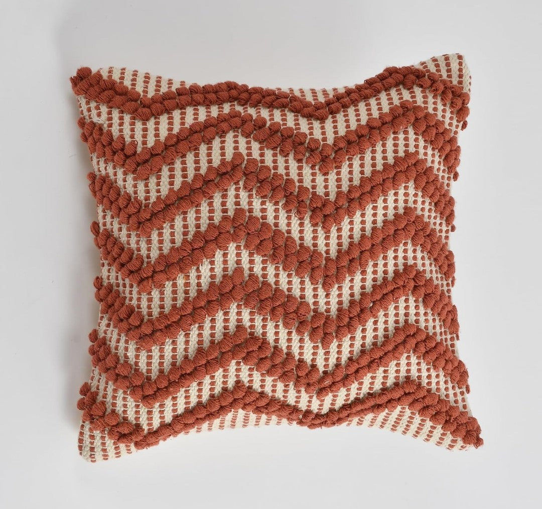 Hand Woven Cushion Covers 16x16 Ivory Maroon Chevron Tassel Cotton Pit Loom - Set of 3
