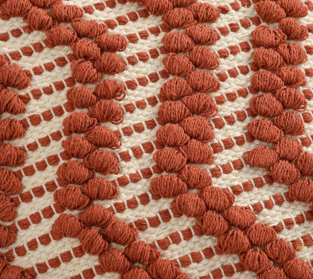 Hand Woven Cushion Covers 16x16 Ivory Maroon Chevron Tassel Cotton Pit Loom - Set of 3