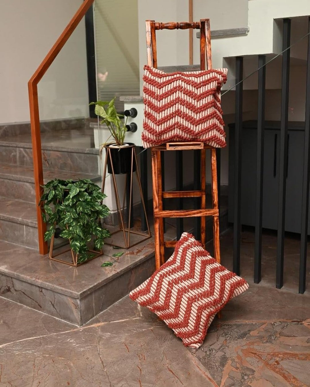 Hand Woven Cushion Covers 16x16 Ivory Maroon Chevron Tassel Cotton Pit Loom - Set of 3