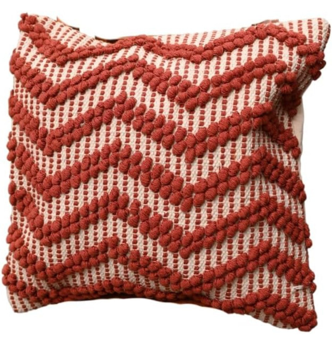 Hand Woven Cushion Covers 16x16 Ivory Maroon Chevron Tassel Cotton Pit Loom - Set of 3