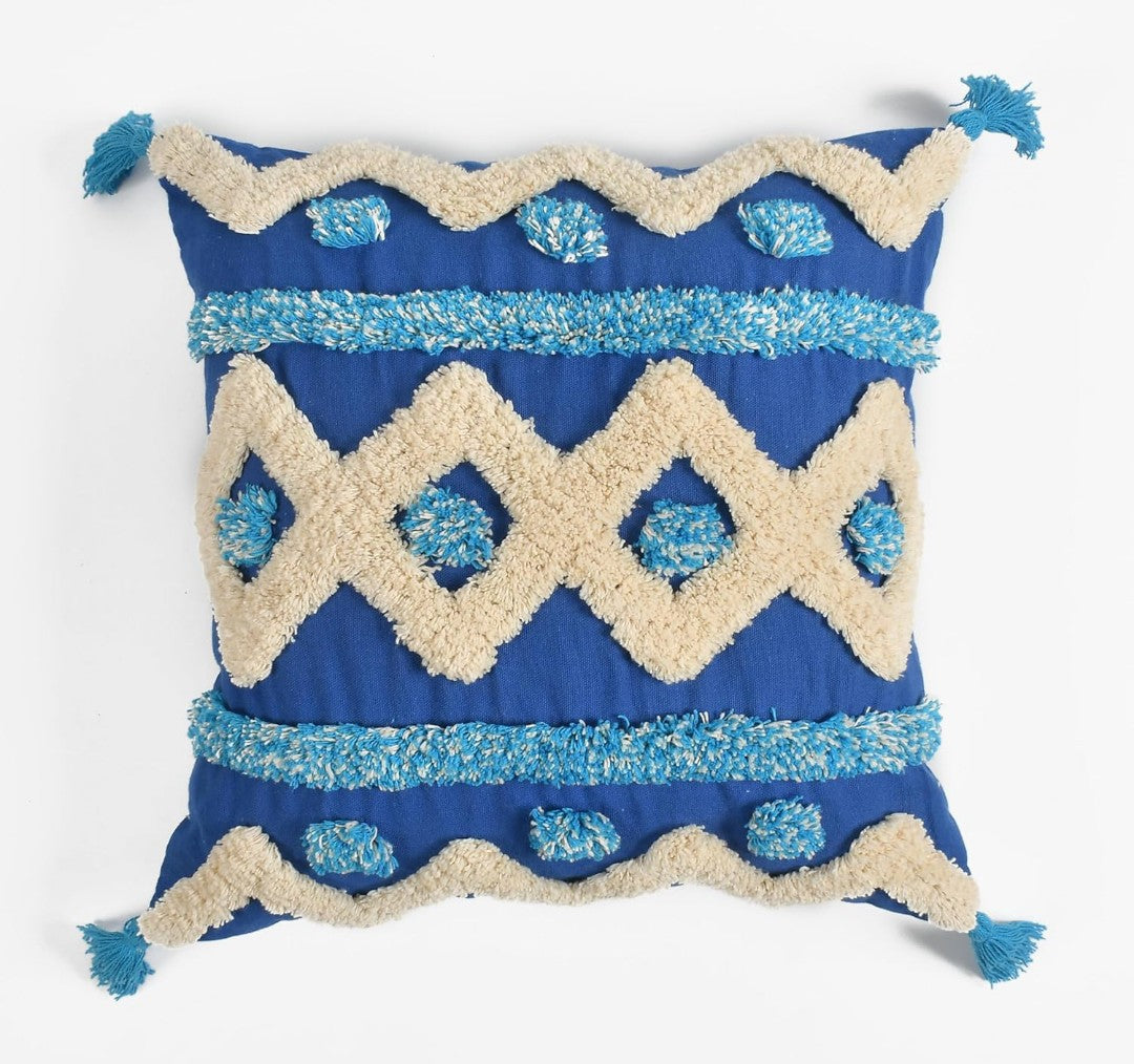 Hand Tufted Cushion Covers 16x16 Blue Ivory Moroccan Geometric Cotton with Corner Tassels - Set of 3