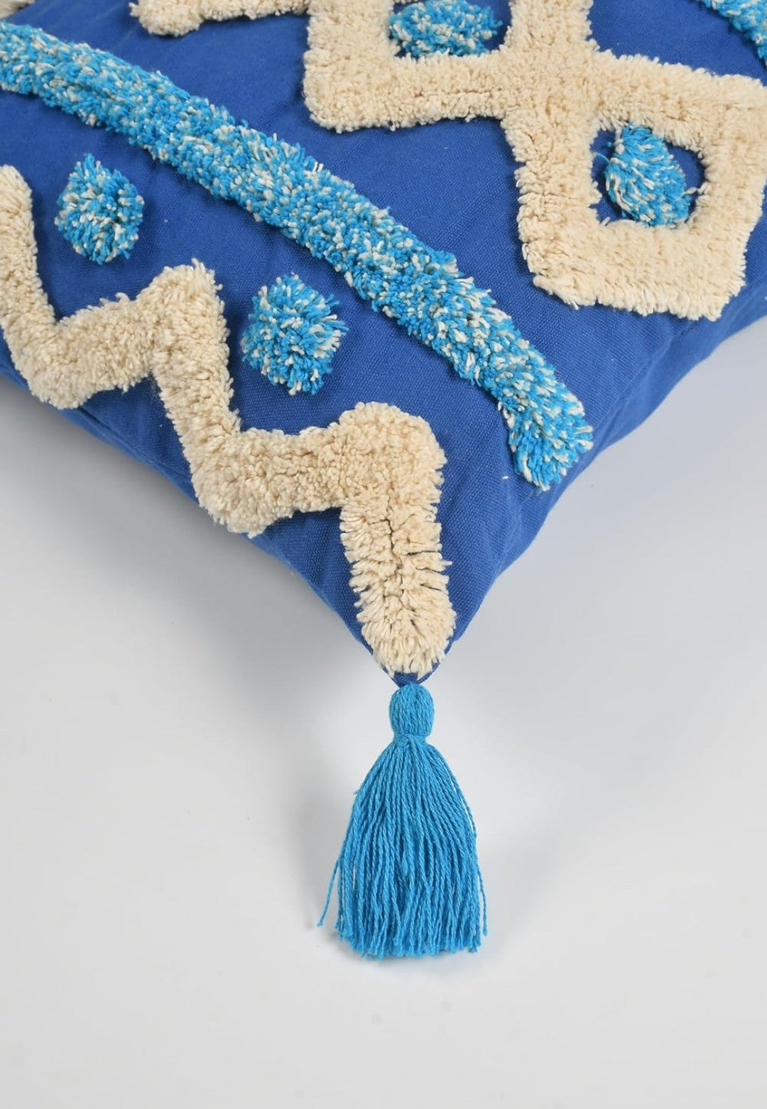Hand Tufted Cushion Covers 16x16 Blue Ivory Moroccan Geometric Cotton with Corner Tassels - Set of 3