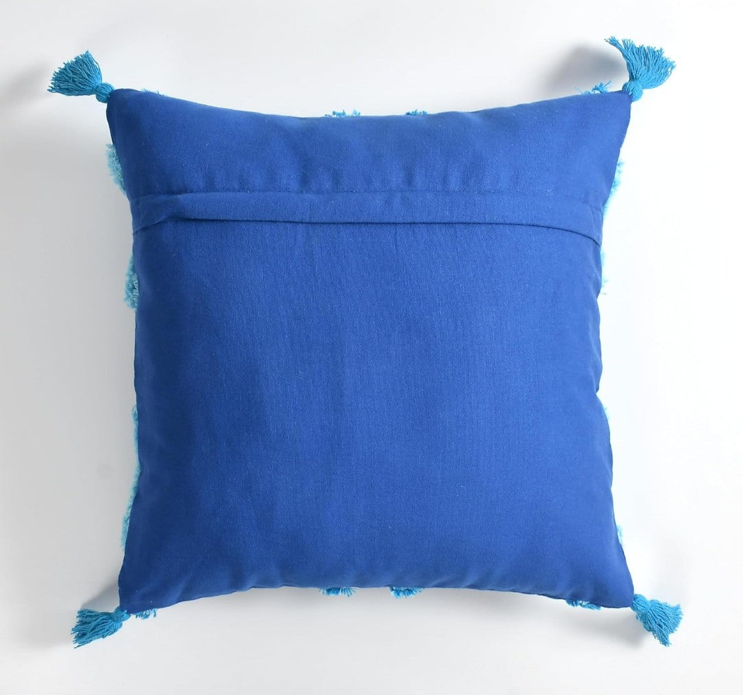 Hand Tufted Cushion Covers 16x16 Blue Ivory Moroccan Geometric Cotton with Corner Tassels - Set of 3