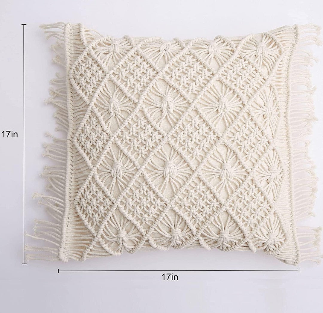 Macrame Cushion Cover 16x16 (2pcs) Handmade Boho Cotton Pillow Case with Fringe Detail Off-White