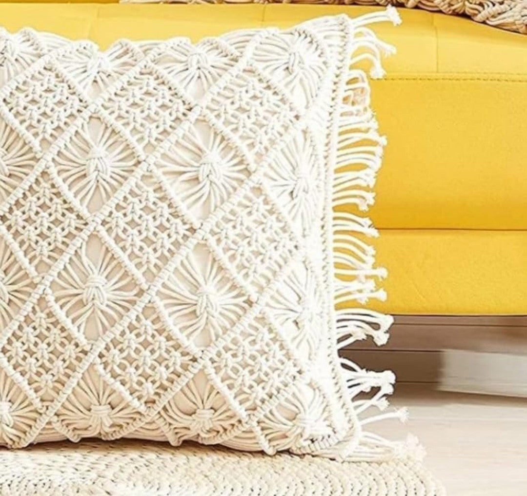 Macrame Cushion Cover 16x16 (2pcs) Handmade Boho Cotton Pillow Case with Fringe Detail Off-White