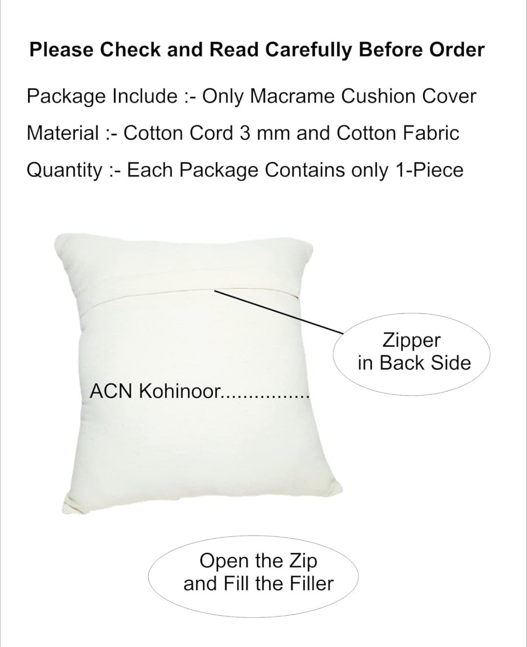 Macrame Cushion Cover 16x16 (2pcs) Handmade Boho Cotton Pillow Case with Fringe Detail Off-White