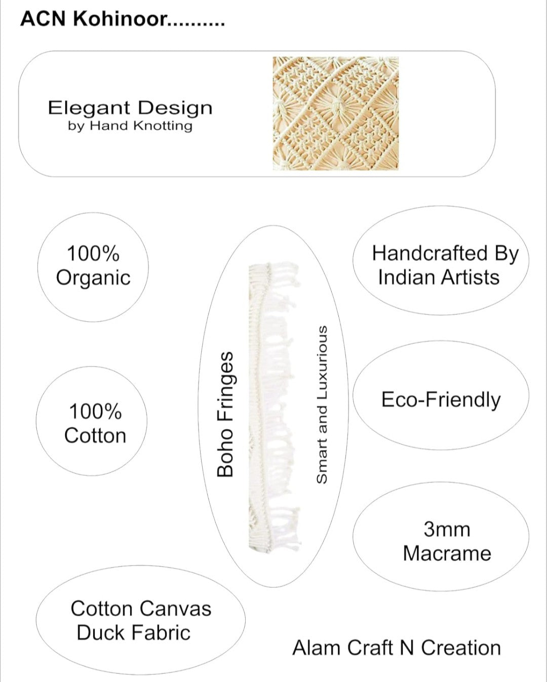 Macrame Cushion Cover 16x16 (2pcs) Handmade Boho Cotton Pillow Case with Fringe Detail Off-White