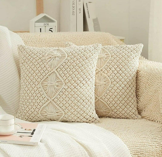 Handwoven Macrame Cushion Covers 16x16 Natural White Geometric Floral Medallion Boho Cotton - Pack of 2