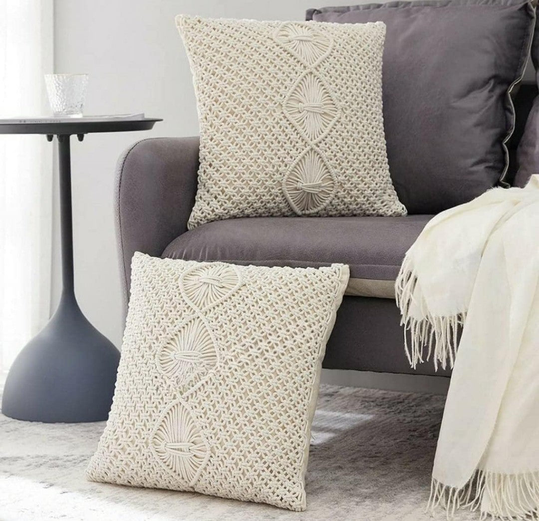 Handwoven Macrame Cushion Covers 16x16 Natural White Geometric Floral Medallion Boho Cotton - Pack of 2