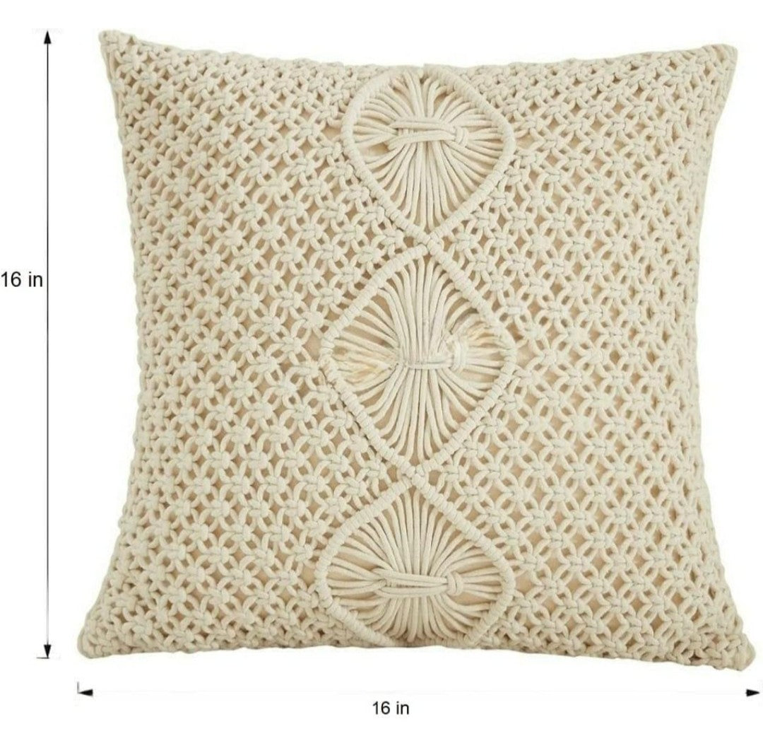 Handwoven Macrame Cushion Covers 16x16 Natural White Geometric Floral Medallion Boho Cotton - Pack of 2