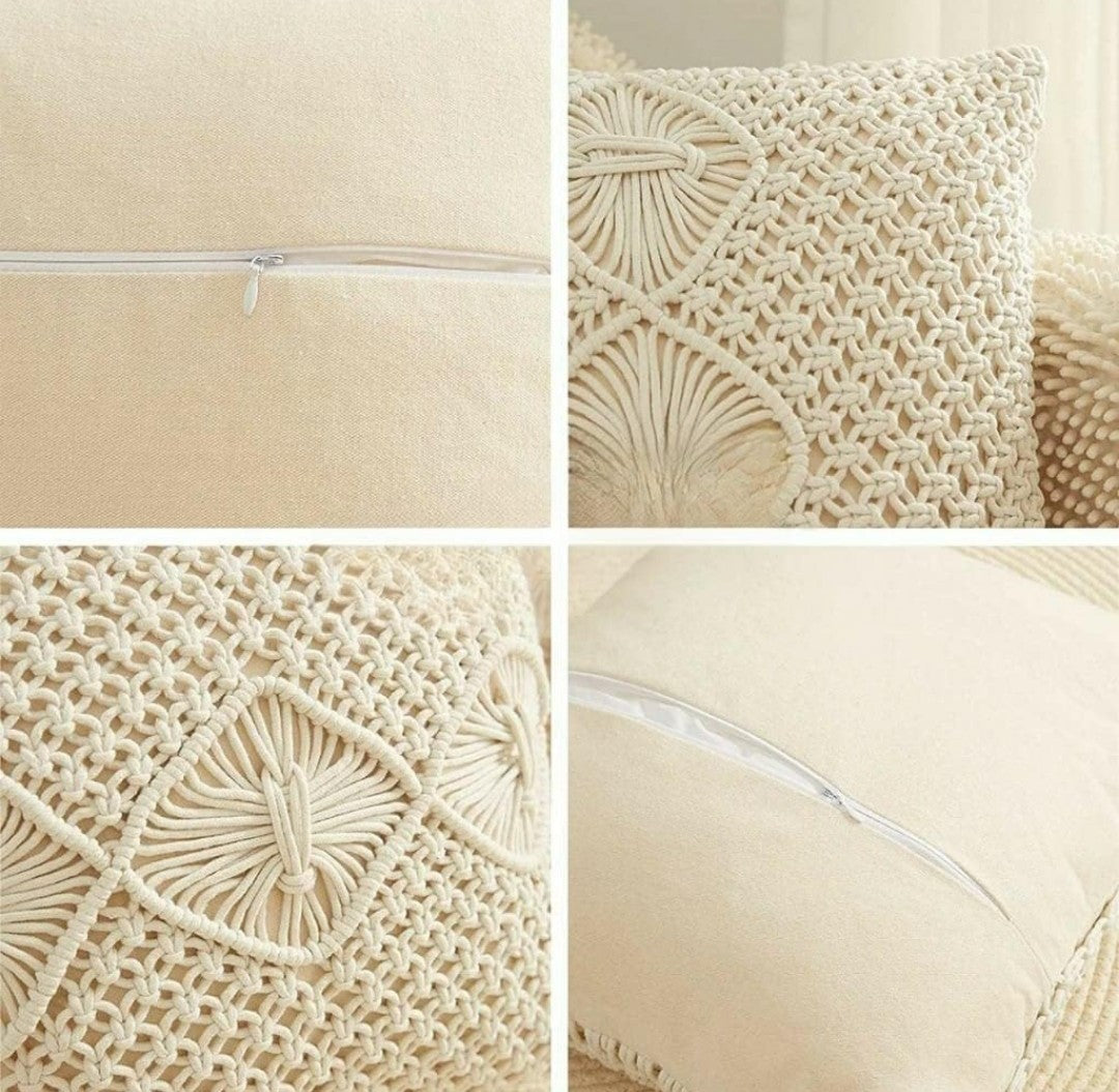 Handwoven Macrame Cushion Covers 16x16 Natural White Geometric Floral Medallion Boho Cotton - Pack of 2