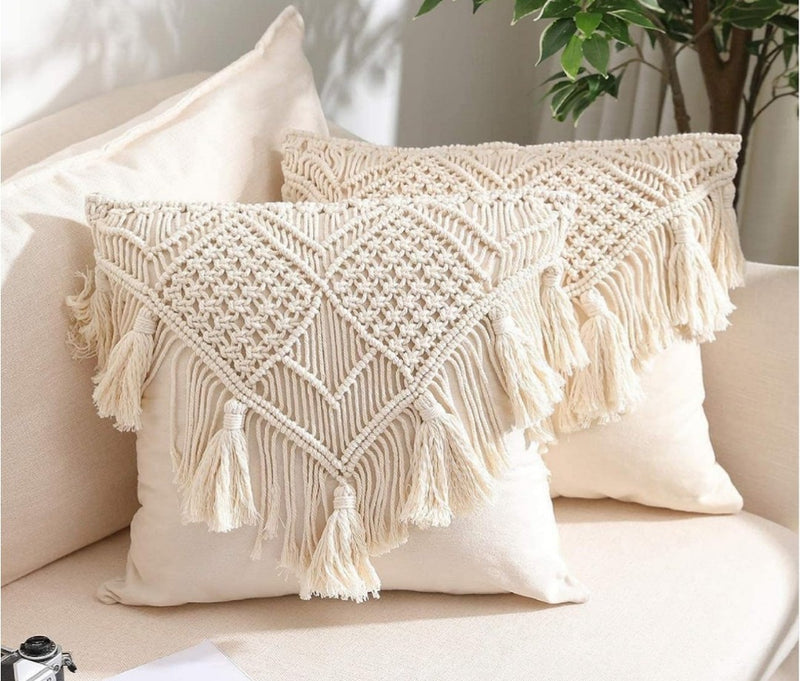 Handmade Macrame Cushion Covers 16x16 - Pack of 3 Ivory Cotton Boho with Tassels & Fringe