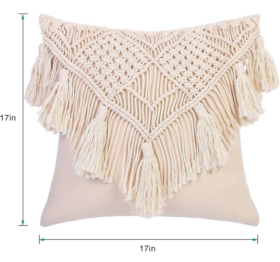 Handmade Macrame Cushion Covers 16x16 - Pack of 3 Ivory Cotton Boho with Tassels & Fringe