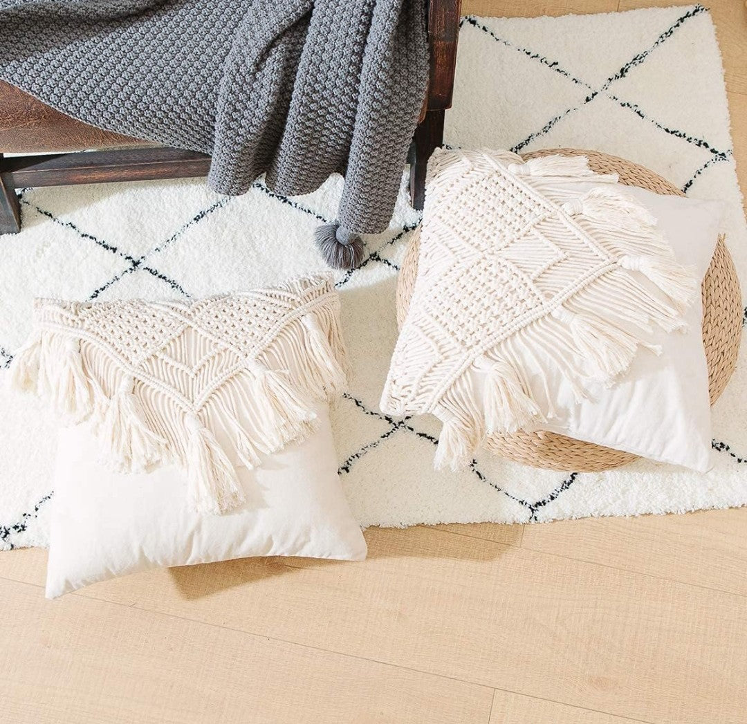 Handmade Macrame Cushion Covers 16x16 - Pack of 3 Ivory Cotton Boho with Tassels & Fringe