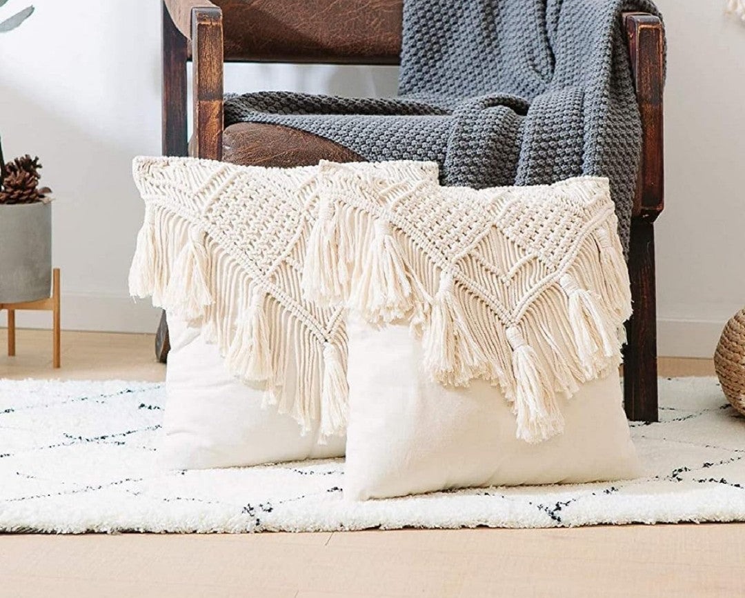 Handmade Macrame Cushion Covers 16x16 - Pack of 3 Ivory Cotton Boho with Tassels & Fringe