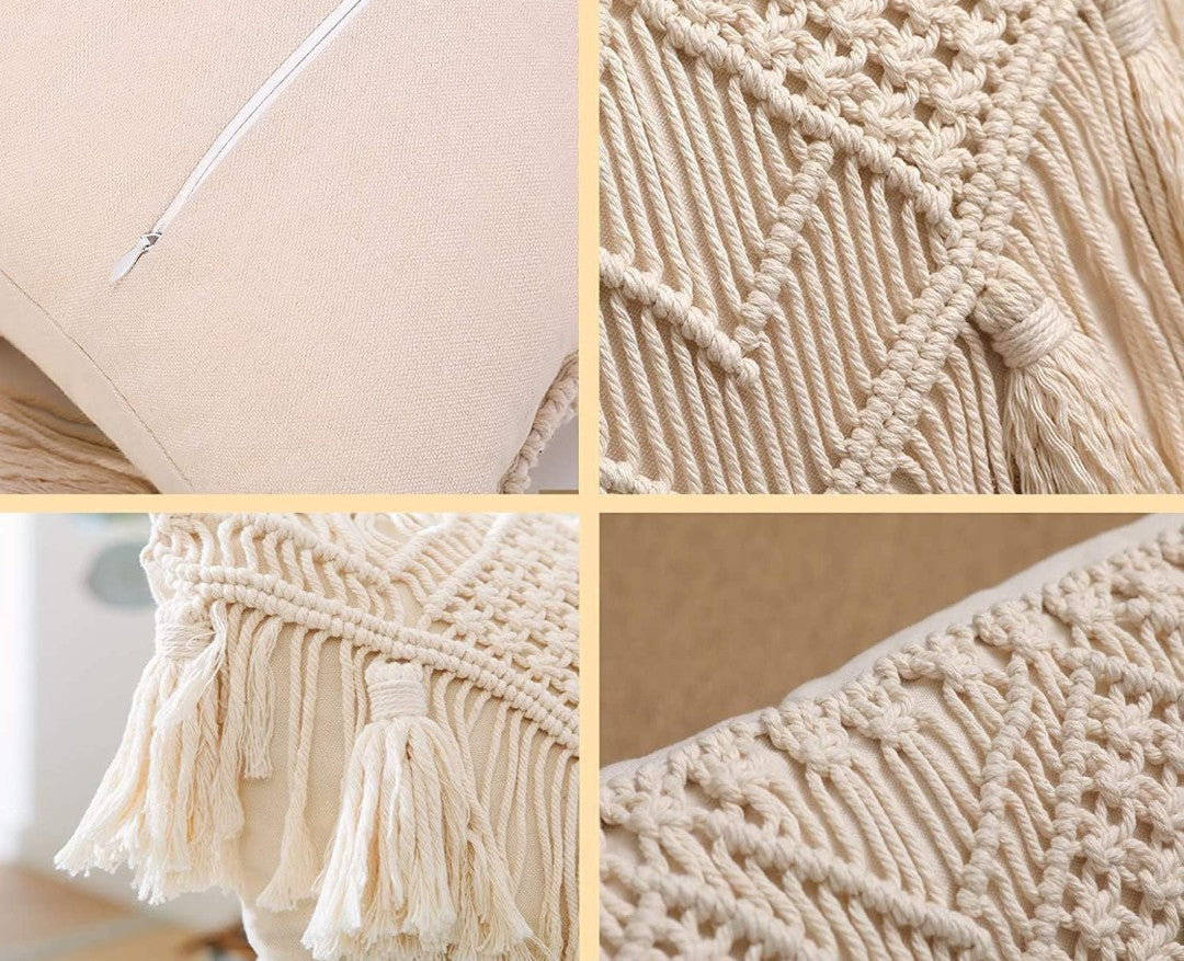 Handmade Macrame Cushion Covers 16x16 - Pack of 3 Ivory Cotton Boho with Tassels & Fringe