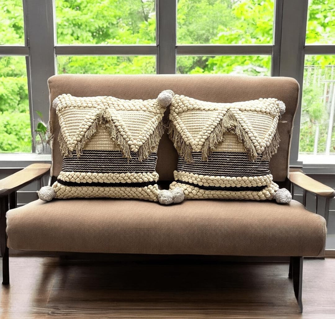 Boho Chic Tufted Cushion Covers 18x18 - Set of 3 Ivory and Black Cotton Slub with Tassels & Stripes