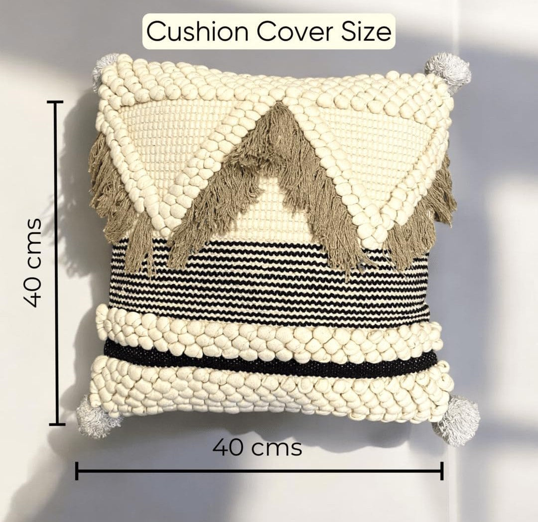 Boho Chic Tufted Cushion Covers 18x18 - Set of 3 Ivory and Black Cotton Slub with Tassels & Stripes