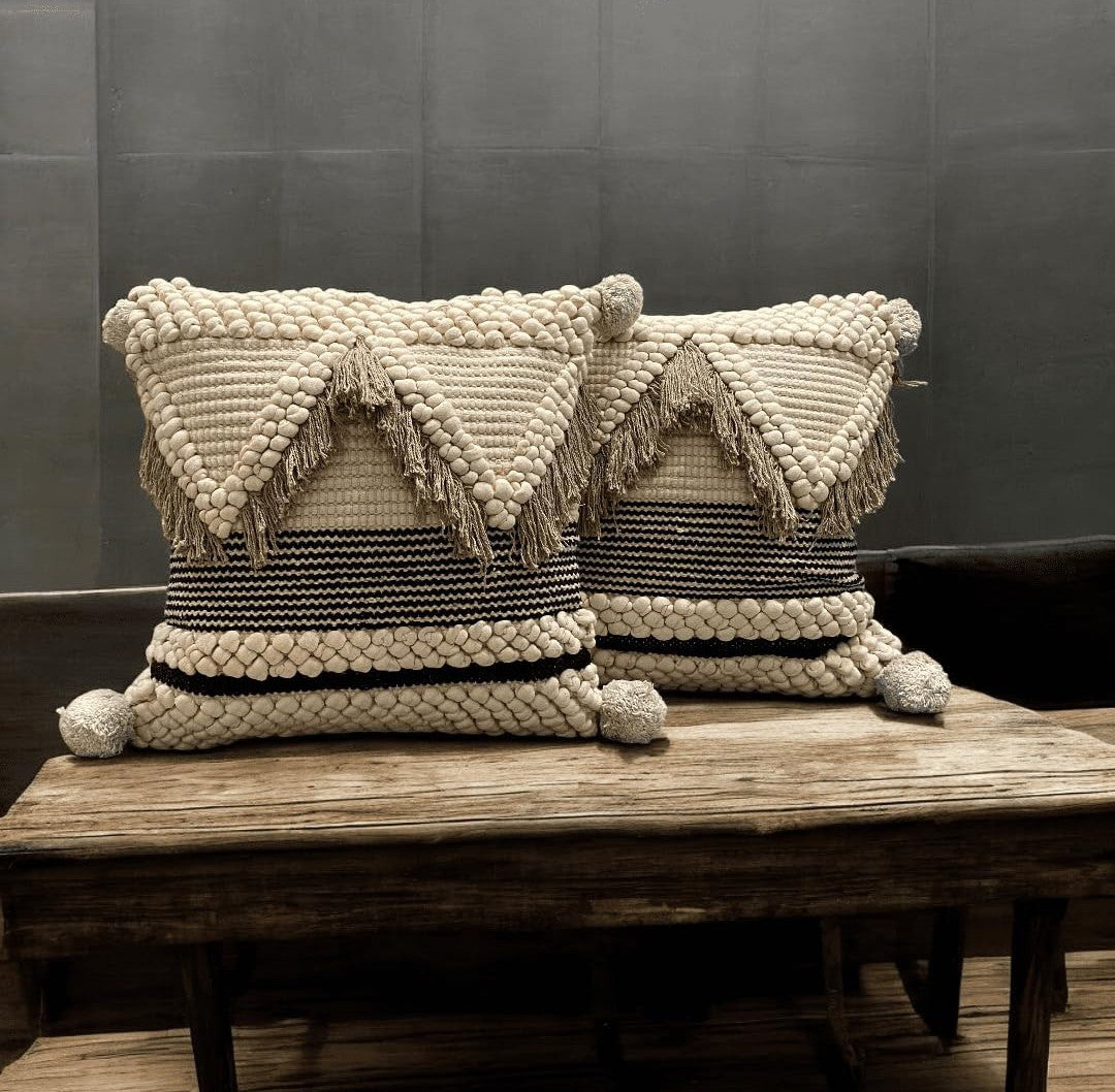 Boho Chic Tufted Cushion Covers 18x18 - Set of 3 Ivory and Black Cotton Slub with Tassels & Stripes