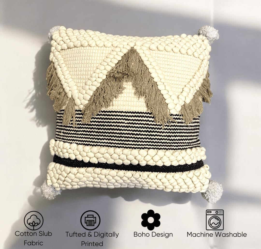 Boho Chic Tufted Cushion Covers 18x18 - Set of 3 Ivory and Black Cotton Slub with Tassels & Stripes
