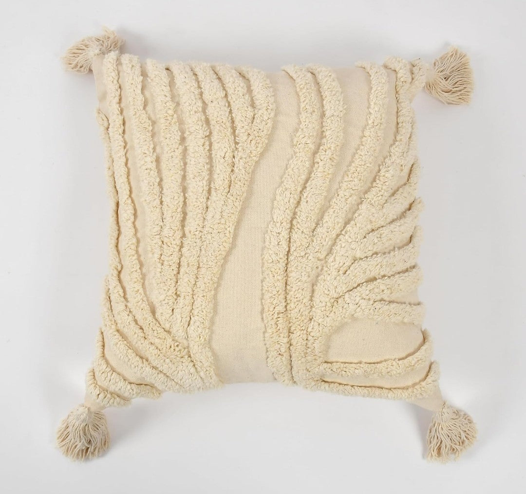 Tufted Cushion Covers 16x16 - Pack of 3 Tinted Tides Off-White Cotton Moroccan Stripes with Corner Tassels