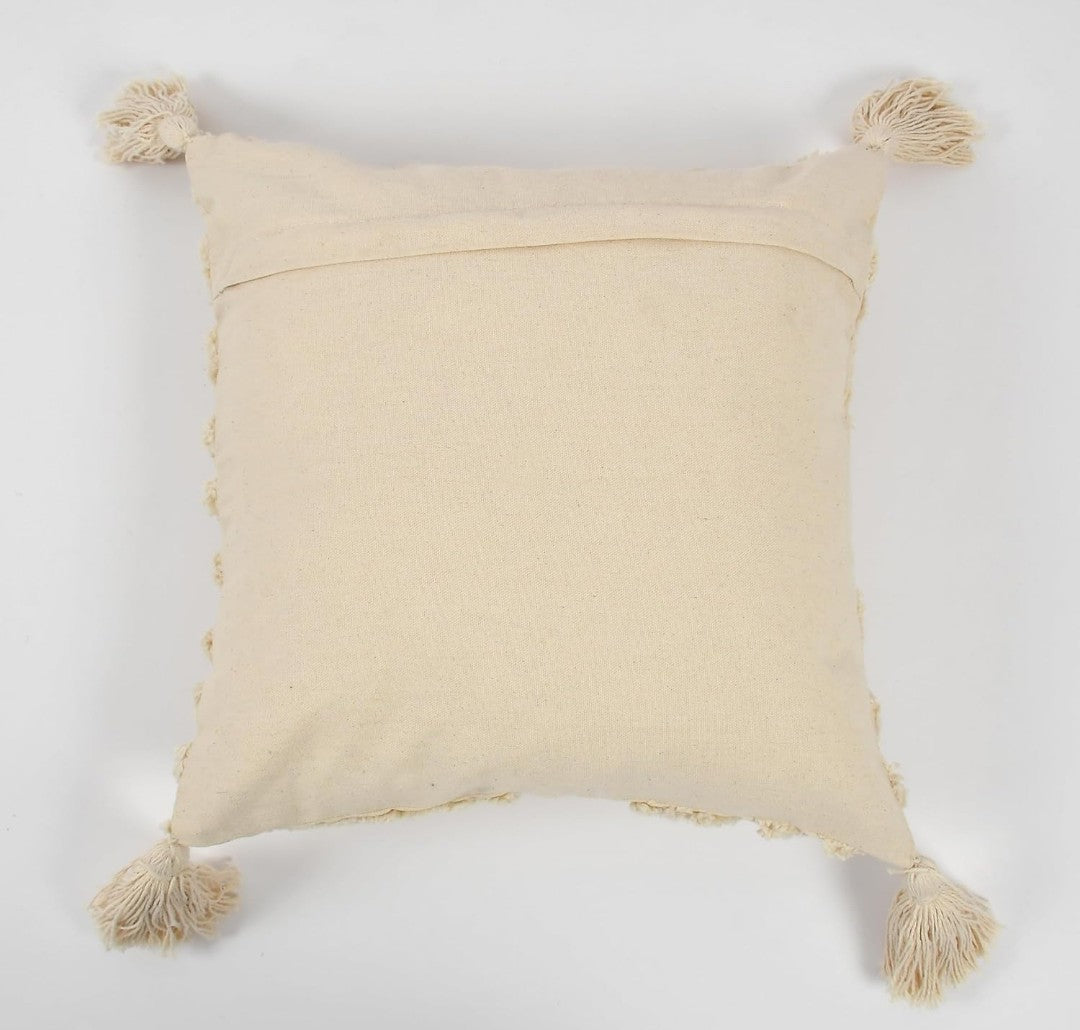 Tufted Cushion Covers 16x16 - Pack of 3 Tinted Tides Off-White Cotton Moroccan Stripes with Corner Tassels