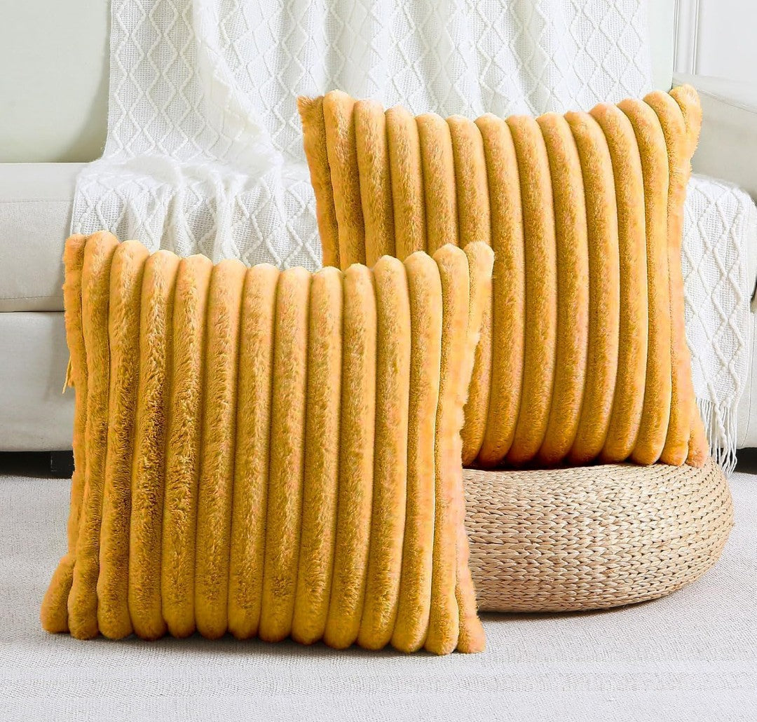 AEROHAVEN Faux Rabbit Fur Striped Throw Pillow Covers  Brown Velvet Cushion Covers 16x16 Inch (2pcs)