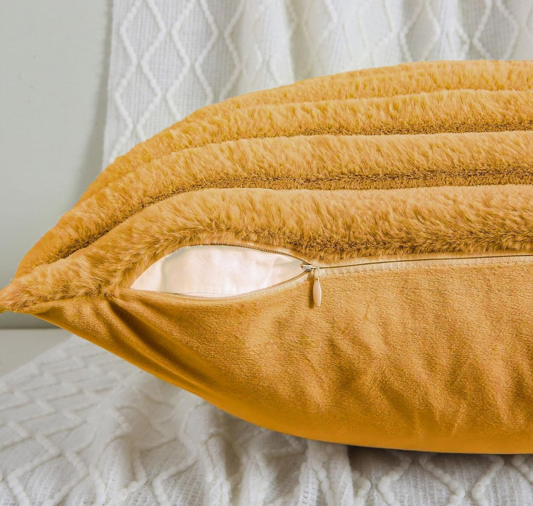 AEROHAVEN Faux Rabbit Fur Striped Throw Pillow Covers  Brown Velvet Cushion Covers 16x16 Inch (2pcs)