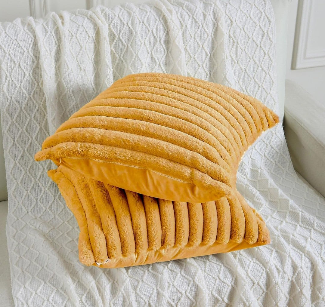 AEROHAVEN Faux Rabbit Fur Striped Throw Pillow Covers  Brown Velvet Cushion Covers 16x16 Inch (2pcs)