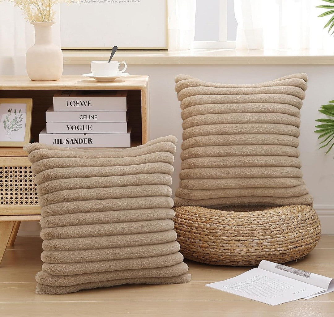 AEROHAVEN Faux Rabbit Fur Striped Throw Pillow Covers  Brown Velvet Cushion Covers 16x16 Inch (2pcs)