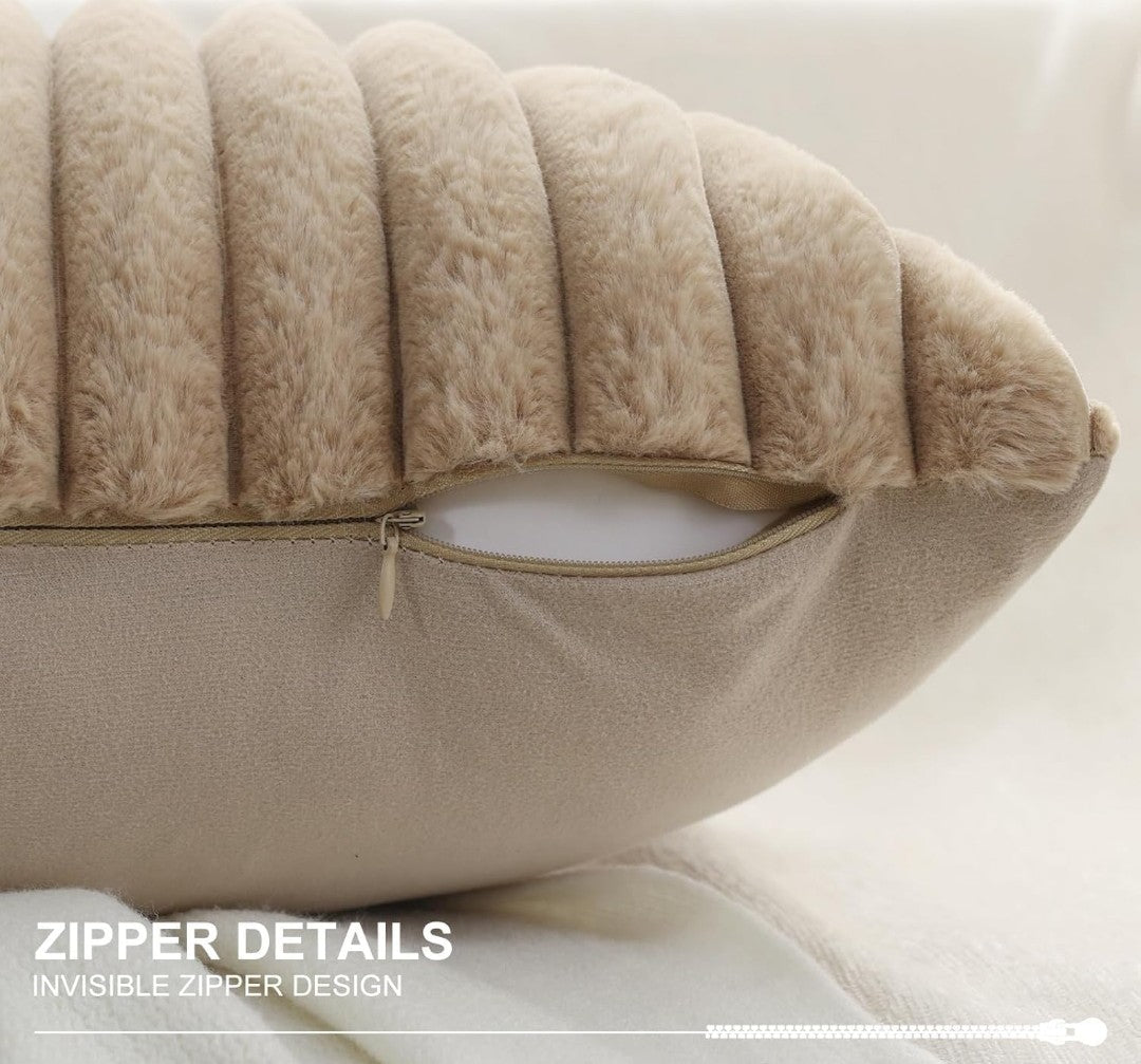 AEROHAVEN Faux Rabbit Fur Striped Throw Pillow Covers  Brown Velvet Cushion Covers 16x16 Inch (2pcs)