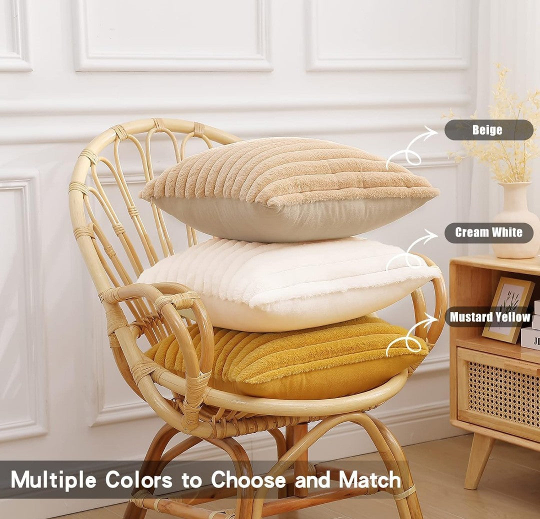 AEROHAVEN Faux Rabbit Fur Striped Throw Pillow Covers  Brown Velvet Cushion Covers 16x16 Inch (2pcs)