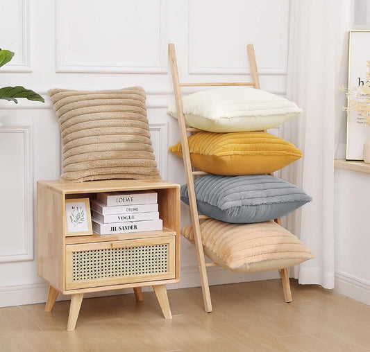 AEROHAVEN Faux Rabbit Fur Striped Throw Pillow Covers  Brown Velvet Cushion Covers 16x16 Inch (2pcs)