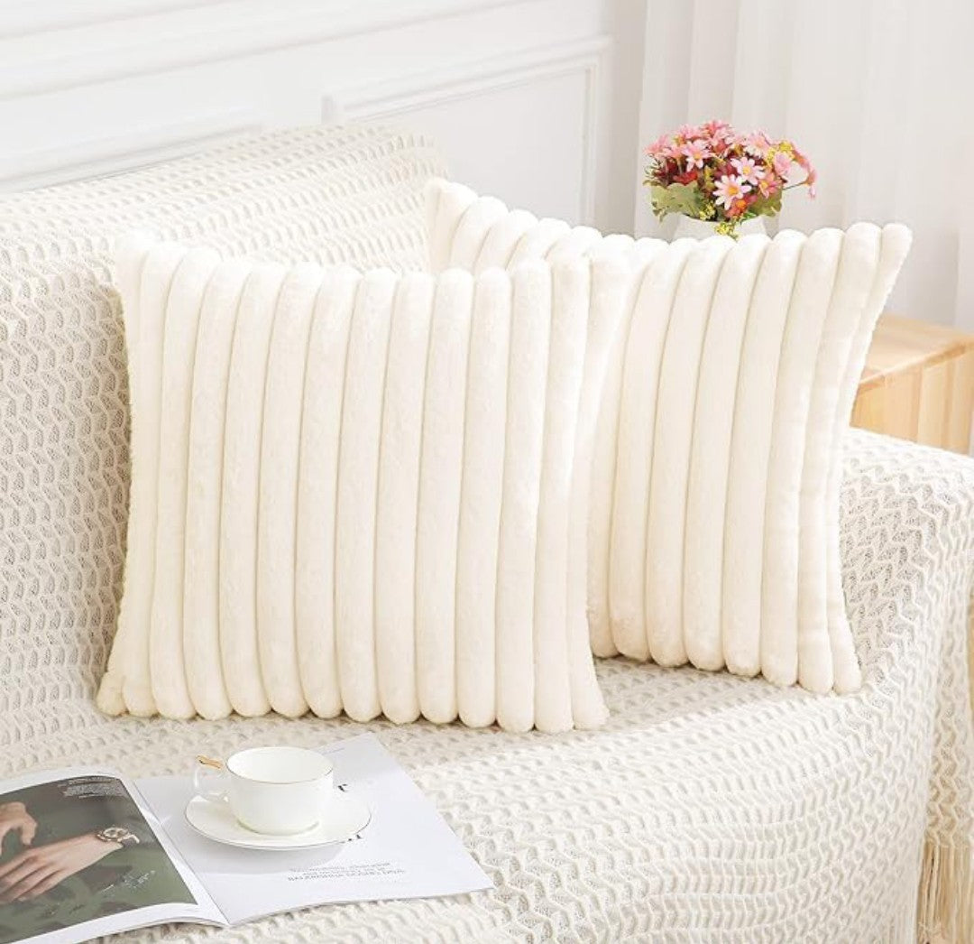 AEROHAVEN Faux Rabbit Fur Striped Throw Pillow Covers  Brown Velvet Cushion Covers 16x16 Inch (2pcs)