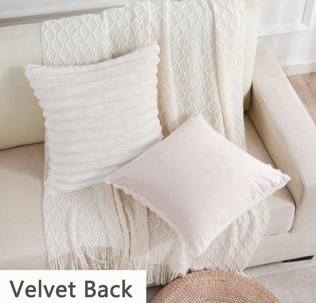 AEROHAVEN Faux Rabbit Fur Striped Throw Pillow Covers  Brown Velvet Cushion Covers 16x16 Inch (2pcs)