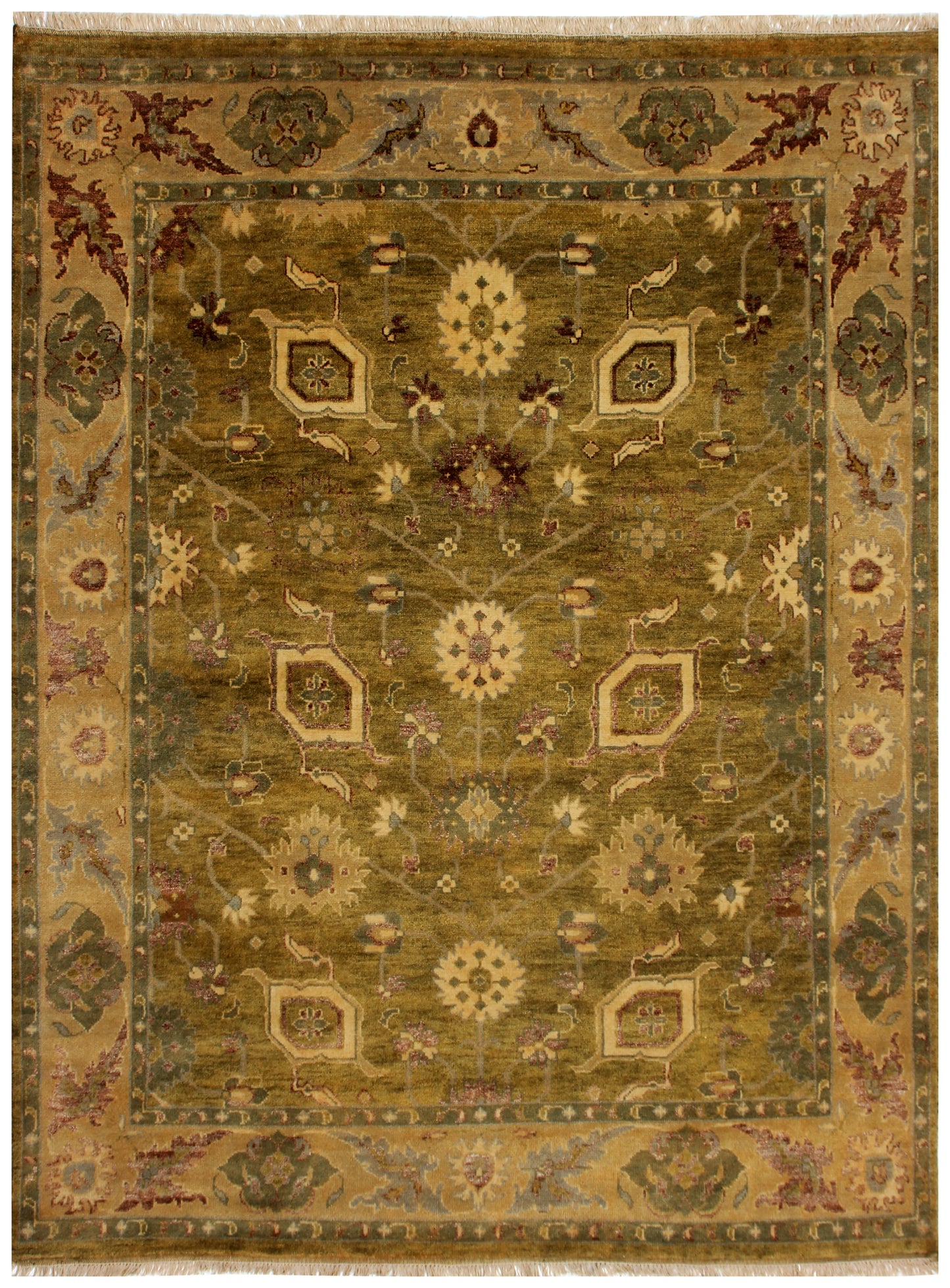 Green Gold Hand Knotted 8x10 Wool Area Rug - Vintage Antique Oriental Floral