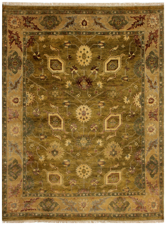 Green Gold Hand Knotted 8x10 Wool Area Rug - Vintage Antique Oriental Floral