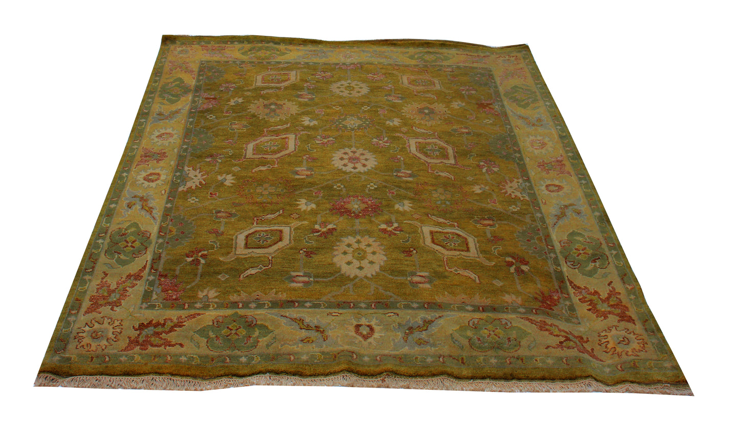 Green Gold Hand Knotted 8x10 Wool Area Rug - Vintage Antique Oriental Floral