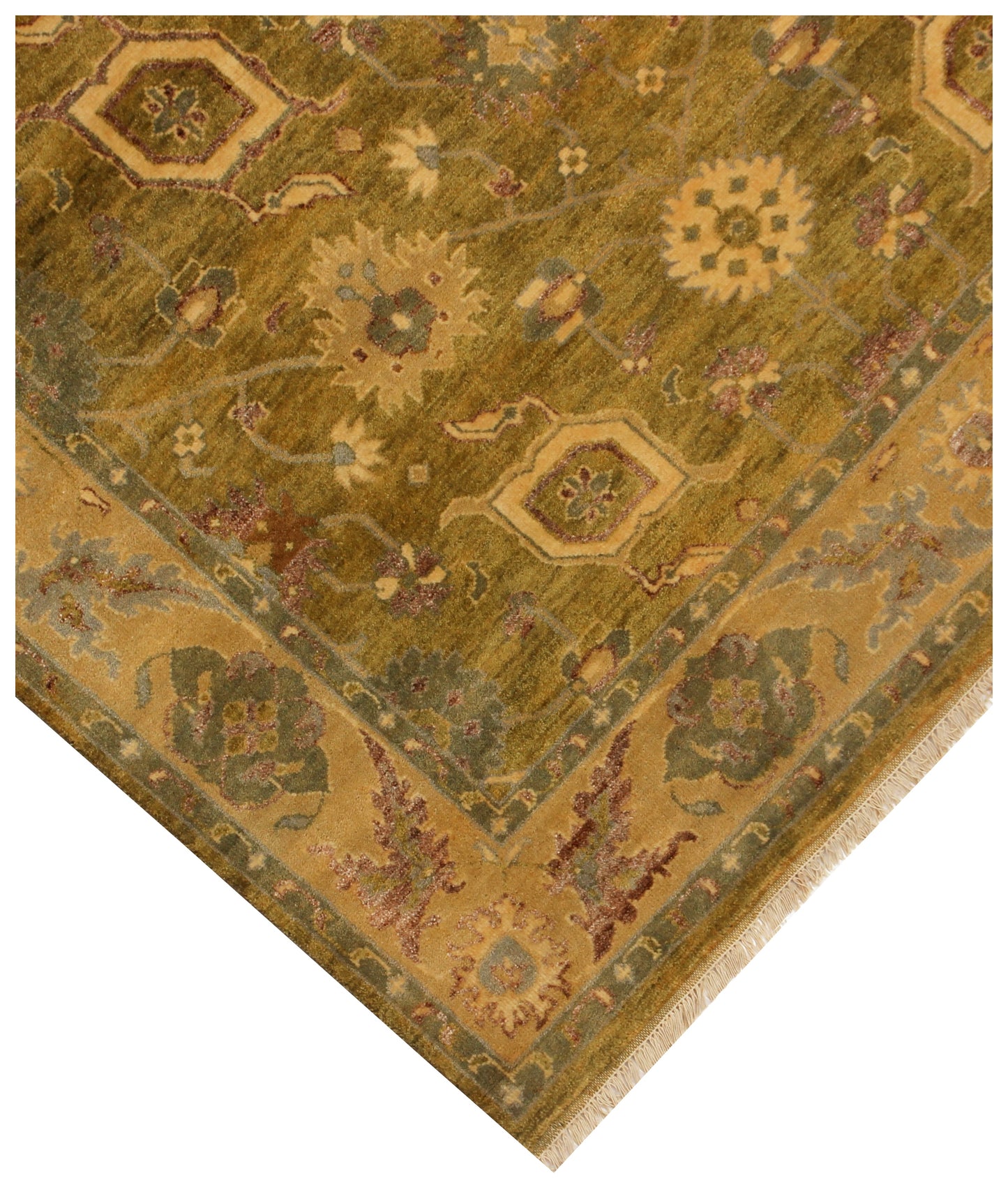 Green Gold Hand Knotted 8x10 Wool Area Rug - Vintage Antique Oriental Floral