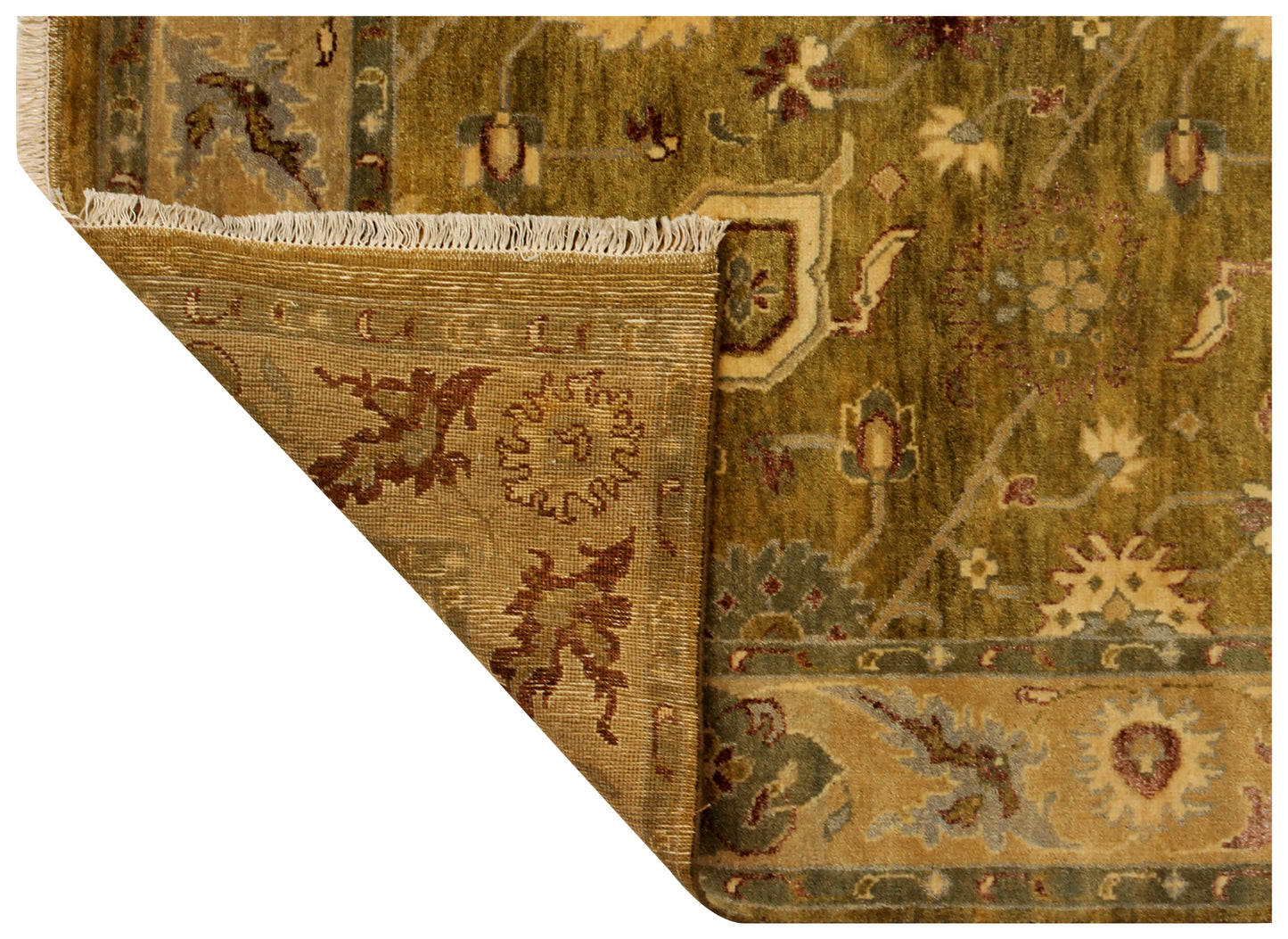 Green Gold Hand Knotted 8x10 Wool Area Rug - Vintage Antique Oriental Floral