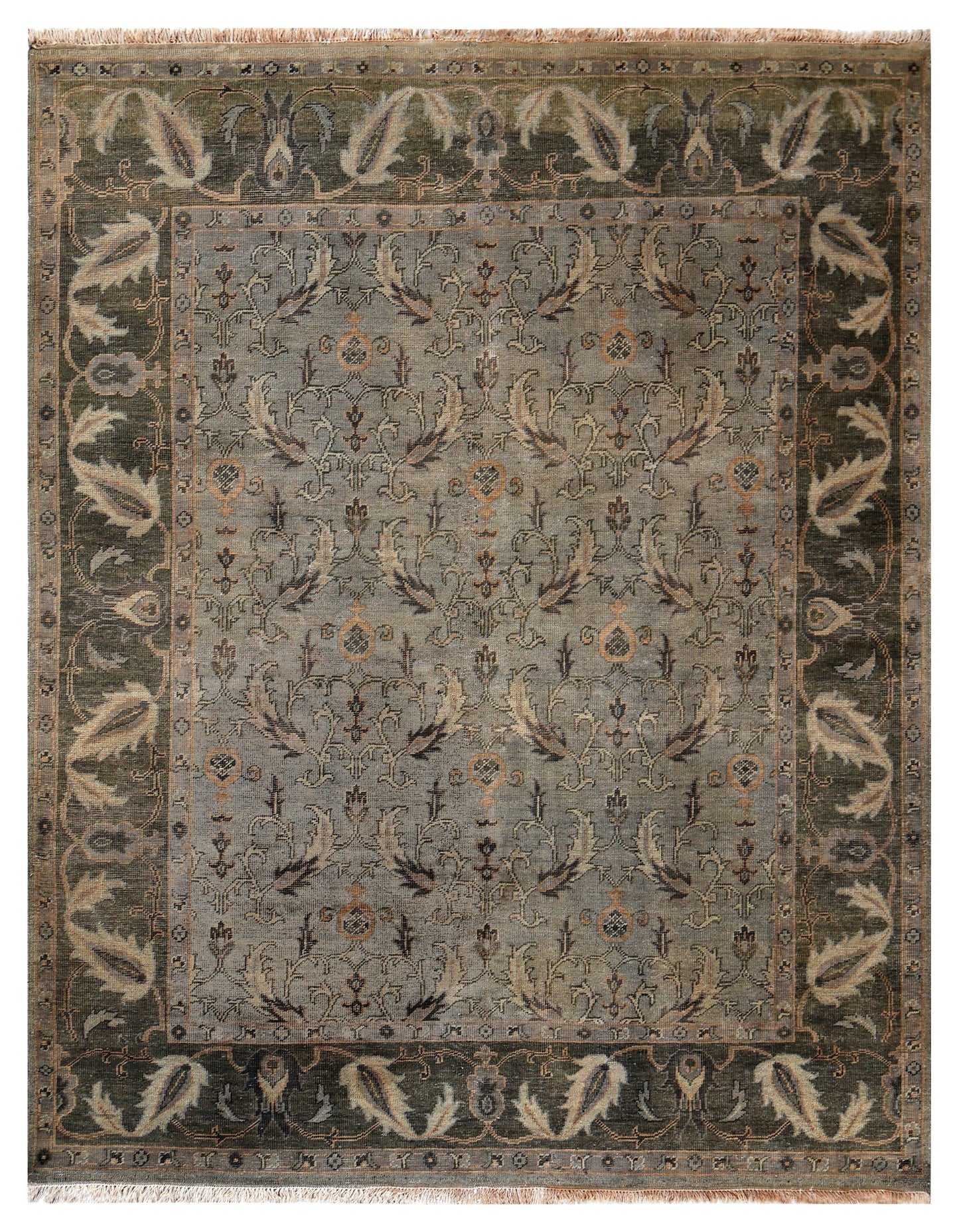 Antique Washed Blue Grey Sage Green Ivory Turkish Ziegler Floral Vine Hand Knotted Wool 8x10 Bhadohi Area Rug